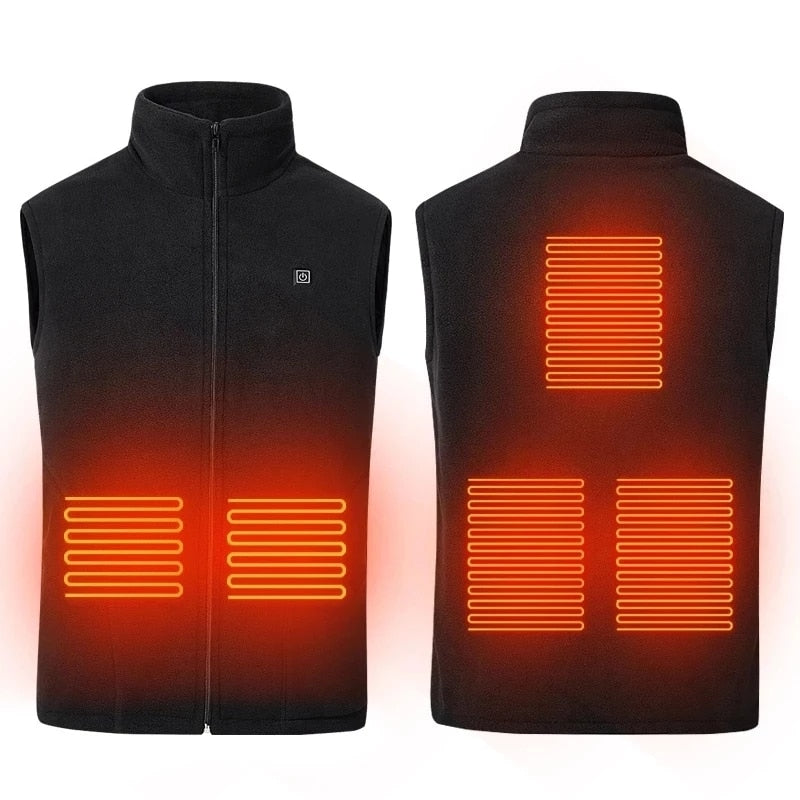 GLACIER Vest - heated fleece vest in black, with laminated parts indicating positions of heat pads